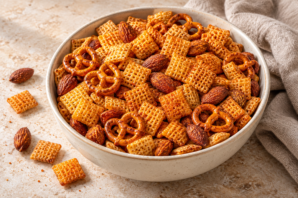 Smoky paprika Chex mix with crisp cereal squares, mini pretzels and roasted almonds in a ceramic bowl.