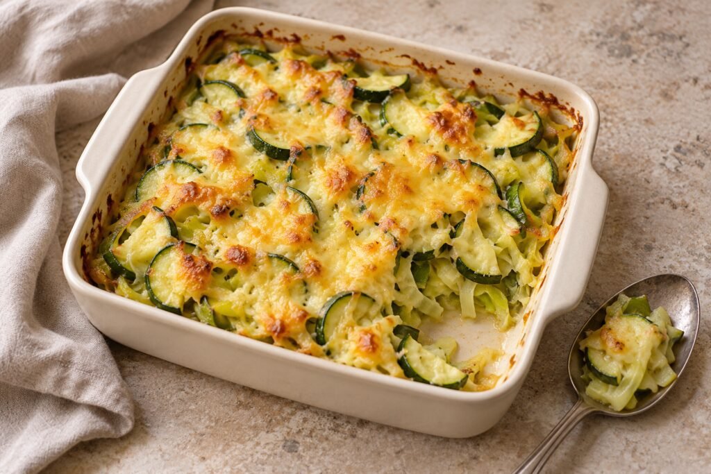 Cheesy leek and Courgette with a golden cheddar topping in a cream ceramic baking dish.