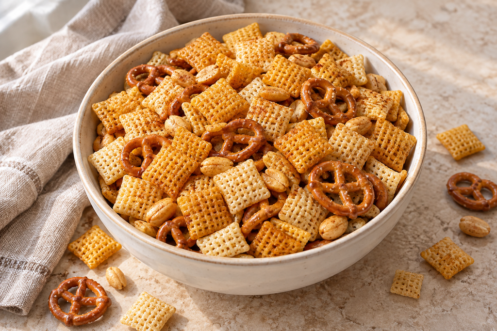 Savoury homemade Chex mix with rice and corn cereal squares, mini pretzels and roasted peanuts in a ceramic bowl.