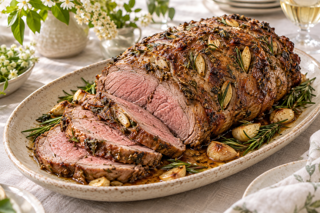 Roast Lamb Studded With Rosemary & Garlic