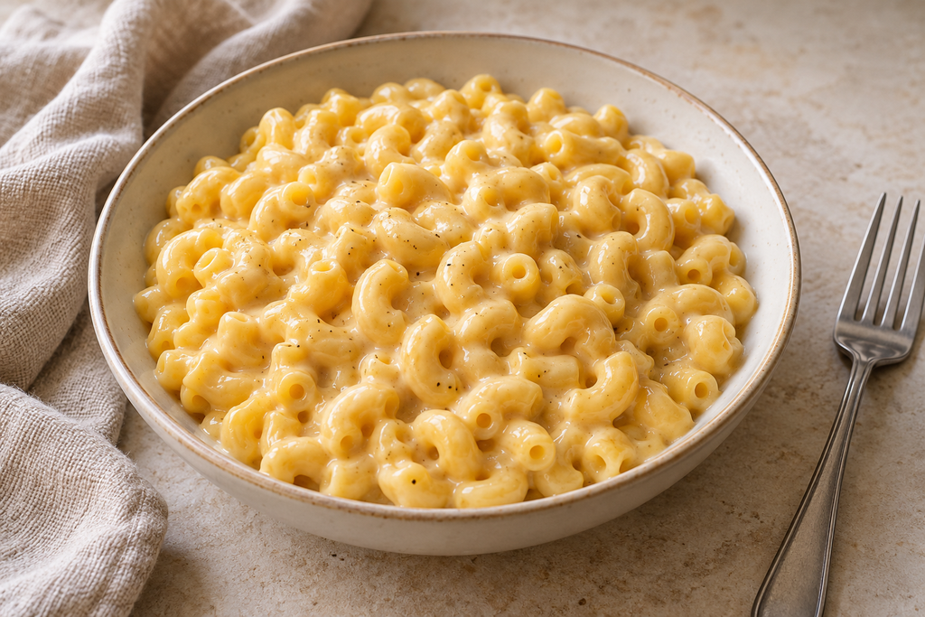 Creamy stovetop mac and cheese made with evaporated milk and cheddar, served in a ceramic bowl.