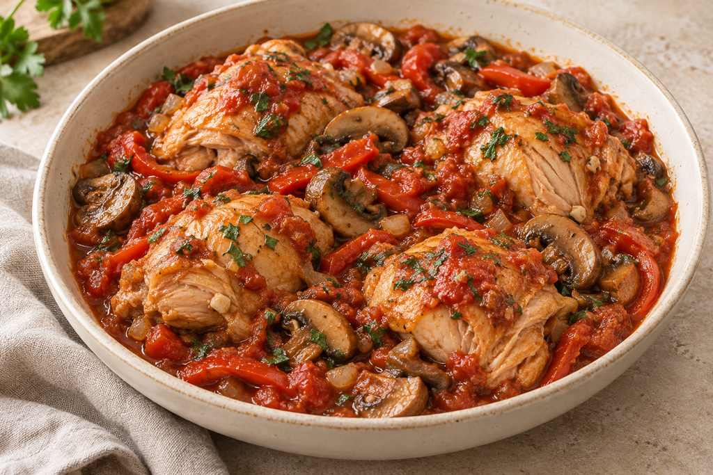 Slow-cooker boneless skinless chicken thighs in tomato sauce with mushrooms, red bell pepper and parsley.