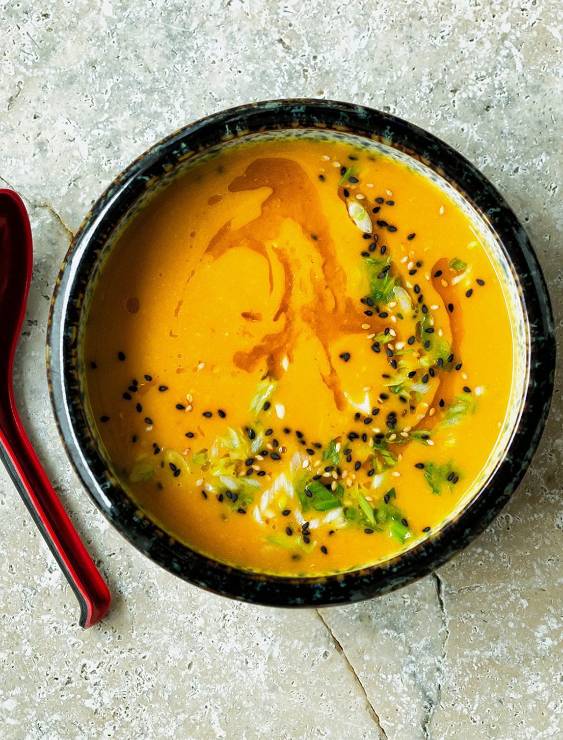 Miso Carrot Soup - Flaevor Ginger, Black Sesame Seeds and Spring Onions