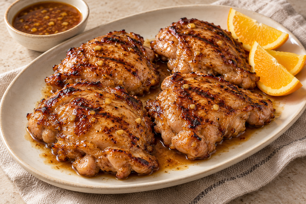 Orange-soy grilled boneless skinless chicken thighs with orange wedges and a small bowl of finishing sauce.