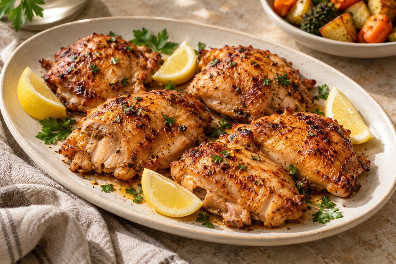 Oven-roasted boneless skinless chicken thighs with lemon wedges and parsley on a cream serving platter.