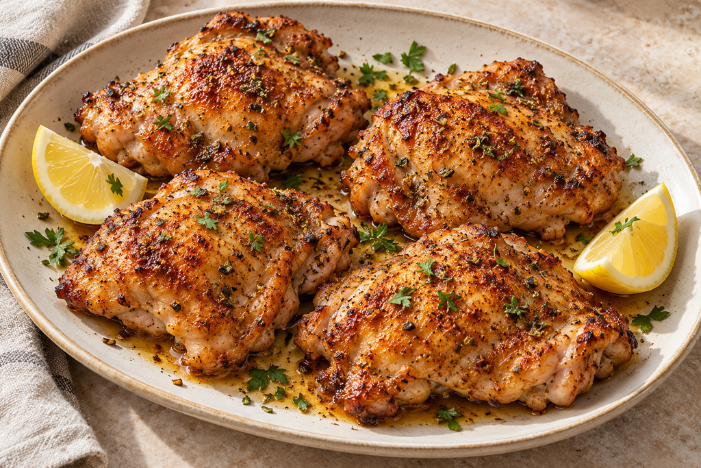 Paprika and garlic baked boneless skinless chicken thighs with lemon wedges and chopped parsley.