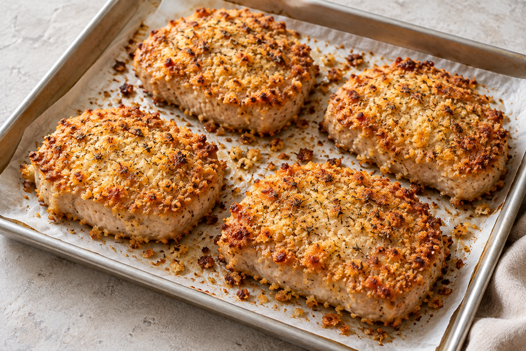 Parmesan-crusted oven-baked boneless pork chops with golden breadcrumbs on a parchment-lined tray.