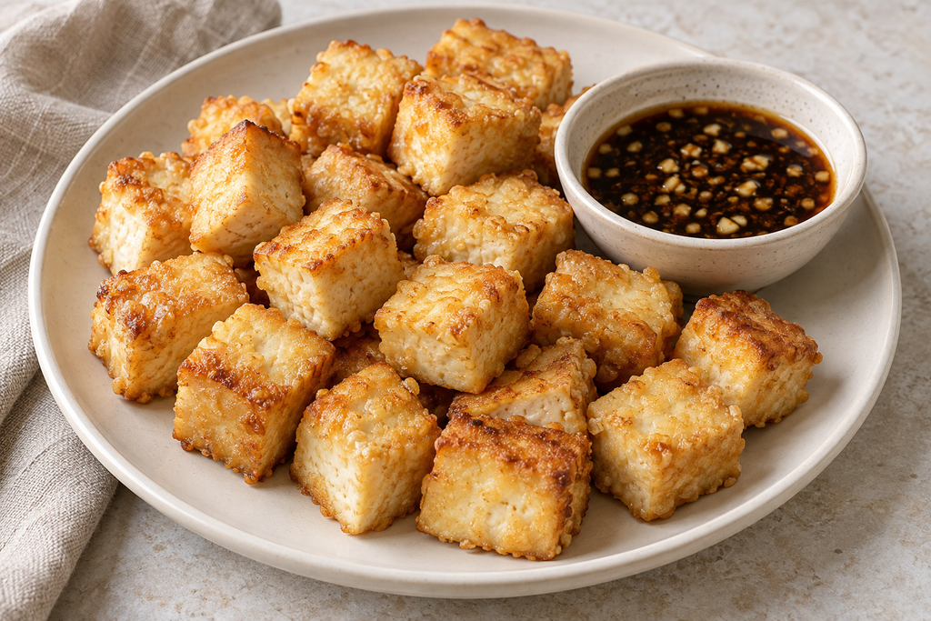 Golden oven-baked tofu cubes served with a garlic-soy dipping sauce on a cream plate