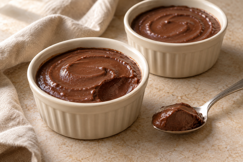 Chocolate pudding made with evaporated milk, served in cream ceramic ramekins with a spoonful alongside.