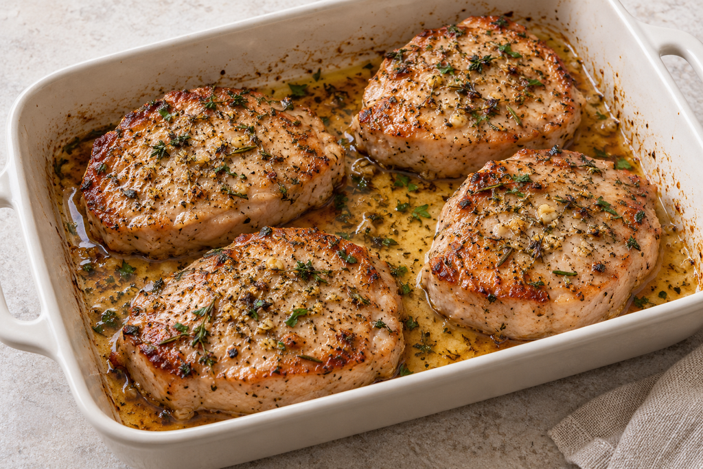 Garlic and herb oven-baked boneless pork chops in a white baking dish.