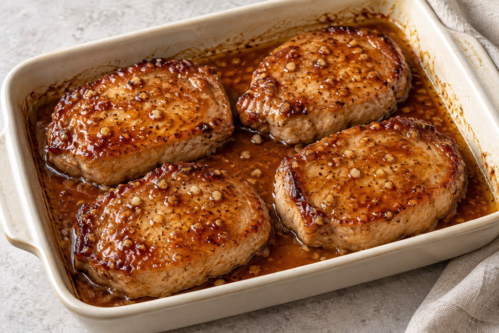 Honey garlic oven-baked boneless pork chops with a glossy glaze in a white baking dish.