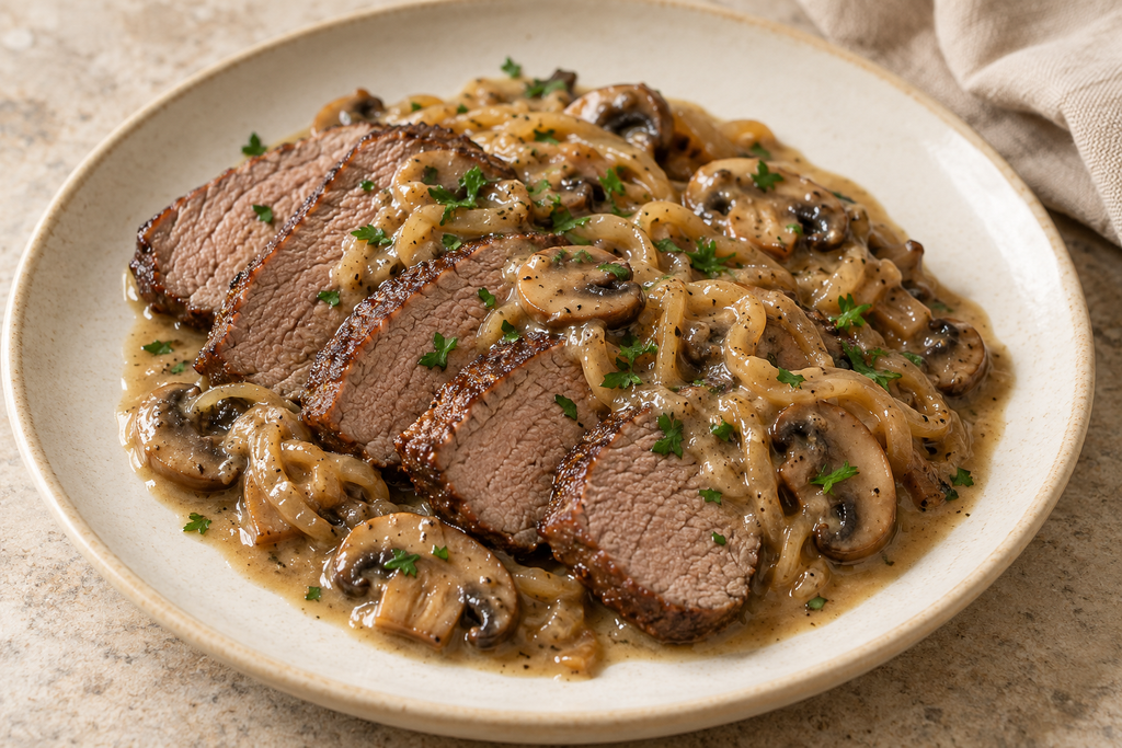 Sliced venison backstrap with onion and mushroom sauce, garnished with parsley on a ceramic plate.