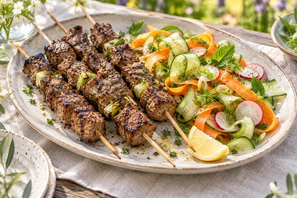 Spring lamb skewers with lightly pickled allotment salad Spring lamb