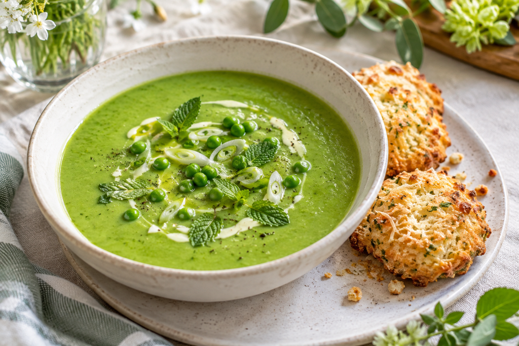 Pea, Mint & Spring Onion Soup With Parmesan Biscuits