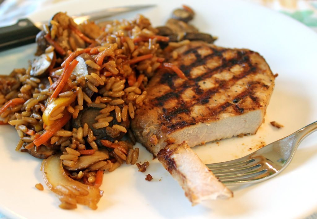Grilled Teriyaki Pork Chops with Stir-Fried Vegetables and Rice