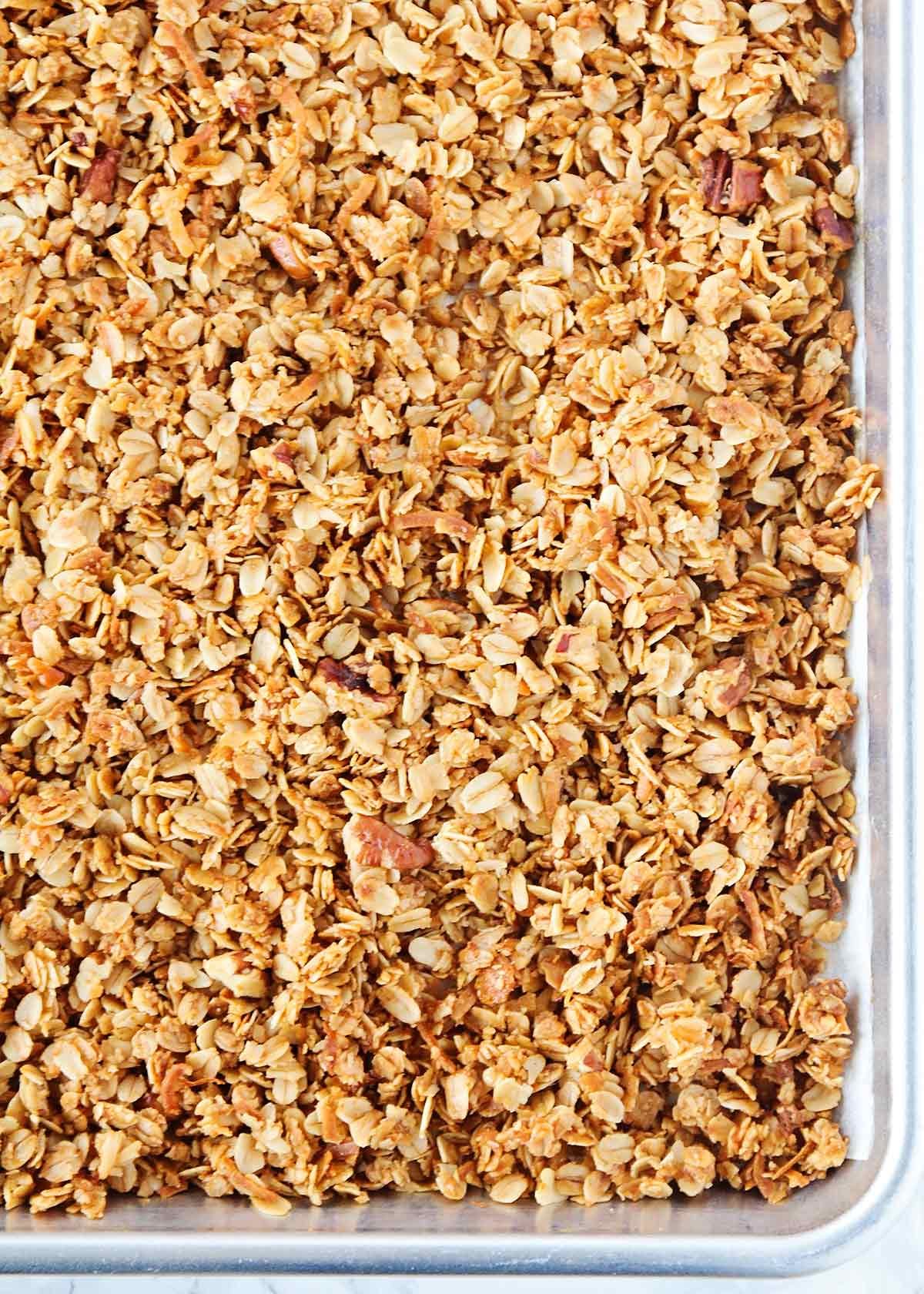 A sheet pan with healthy homemade granola.
