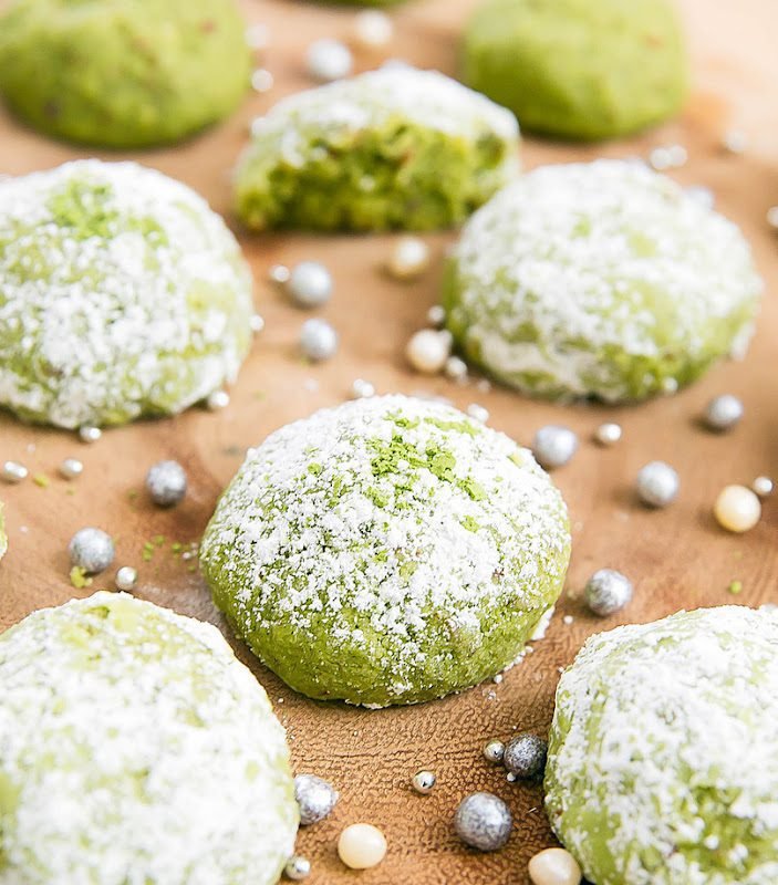 close-up photo of matcha snowball cookie