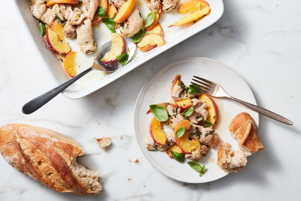 Roasted Chicken Thighs With Peaches, Basil and Ginger
