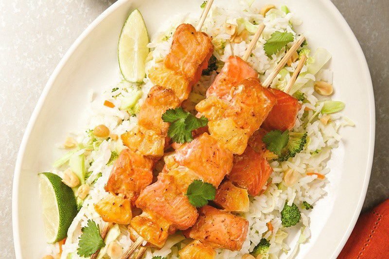 Spicy Asian Salmon Skewers with Pineapple Rice Slaw