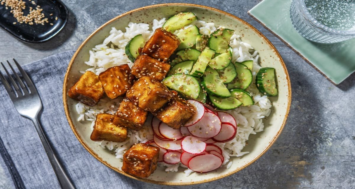 Teriyaki Tofu Rice Bowl with Pickled Radishes and Sesame Cucumber Salad