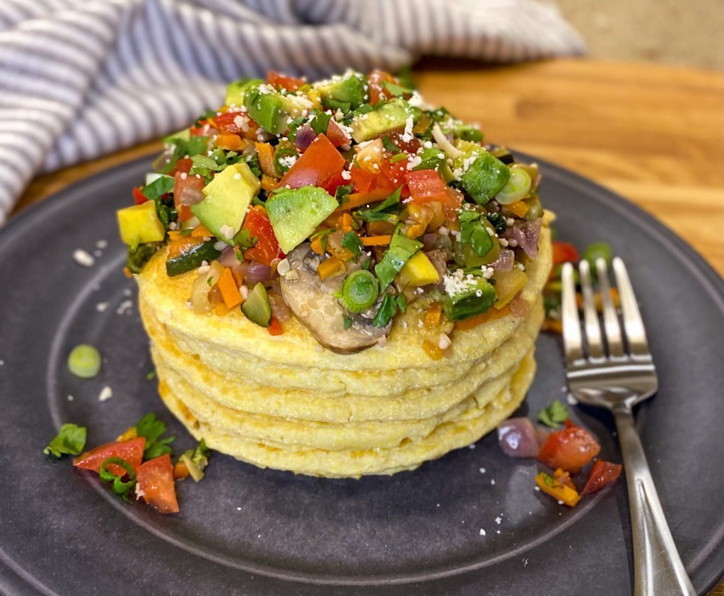 Savory Cornmeal Pancakes with Veggies (vegan) - Pebbles and Toast