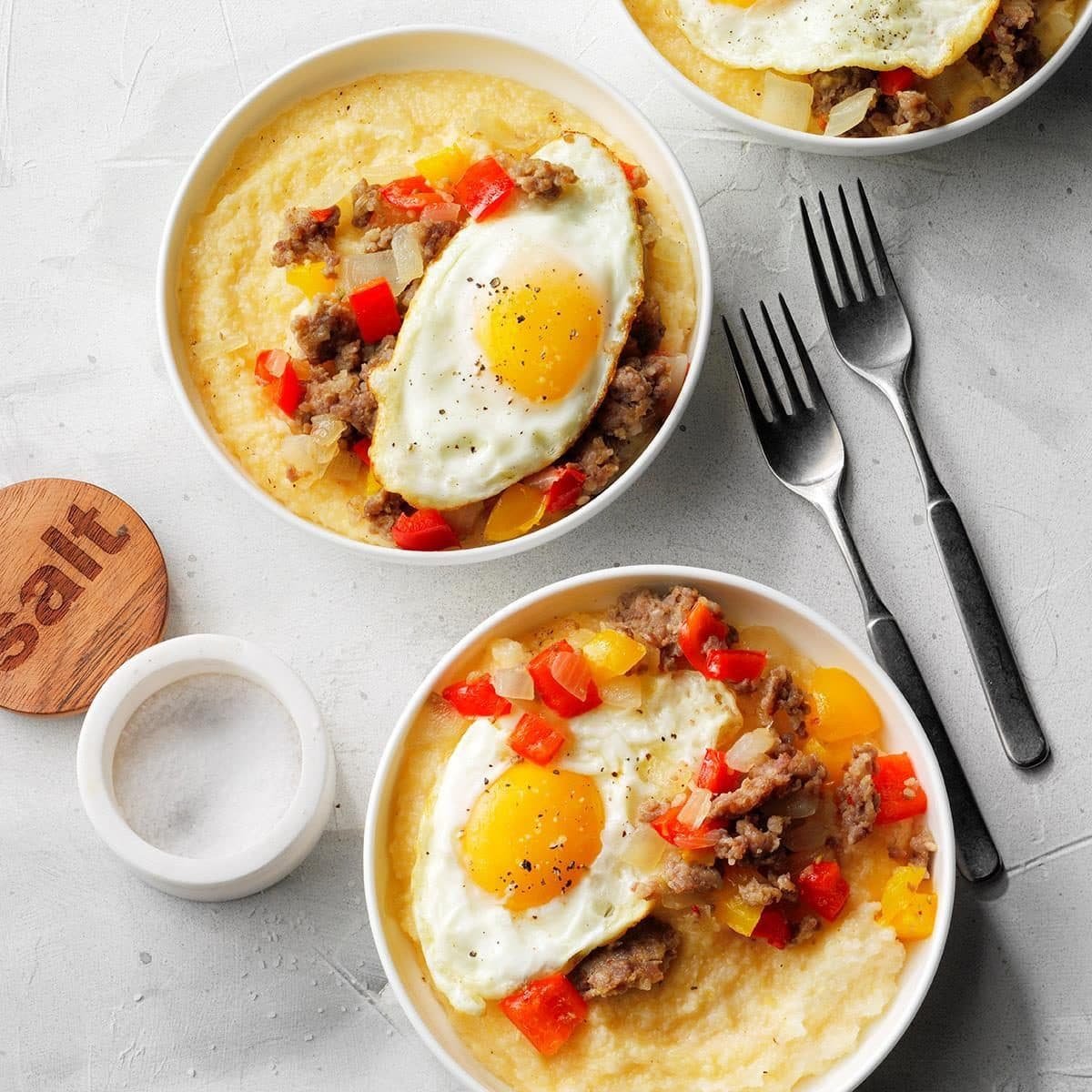 Sausage and Eggs Over Cheddar-Parmesan Grits