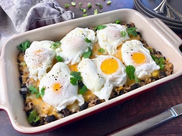 Cheesy Mexican Rice and Beans with Poached Eggs