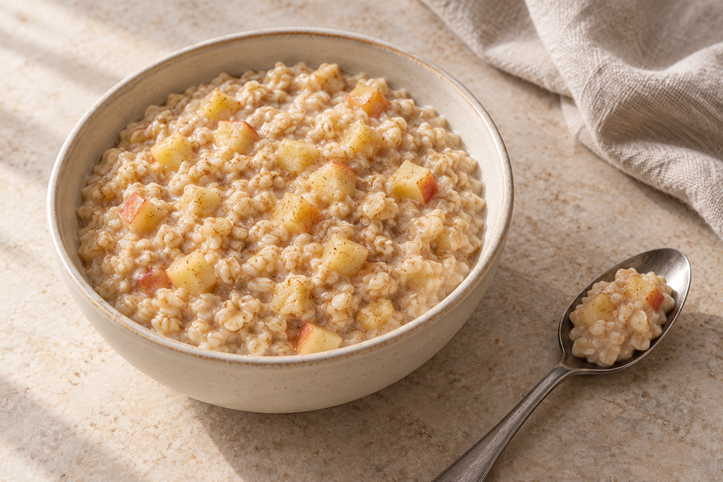 Creamy apple and cinnamon egg white oatmeal with softened apple pieces in a ceramic bowl.