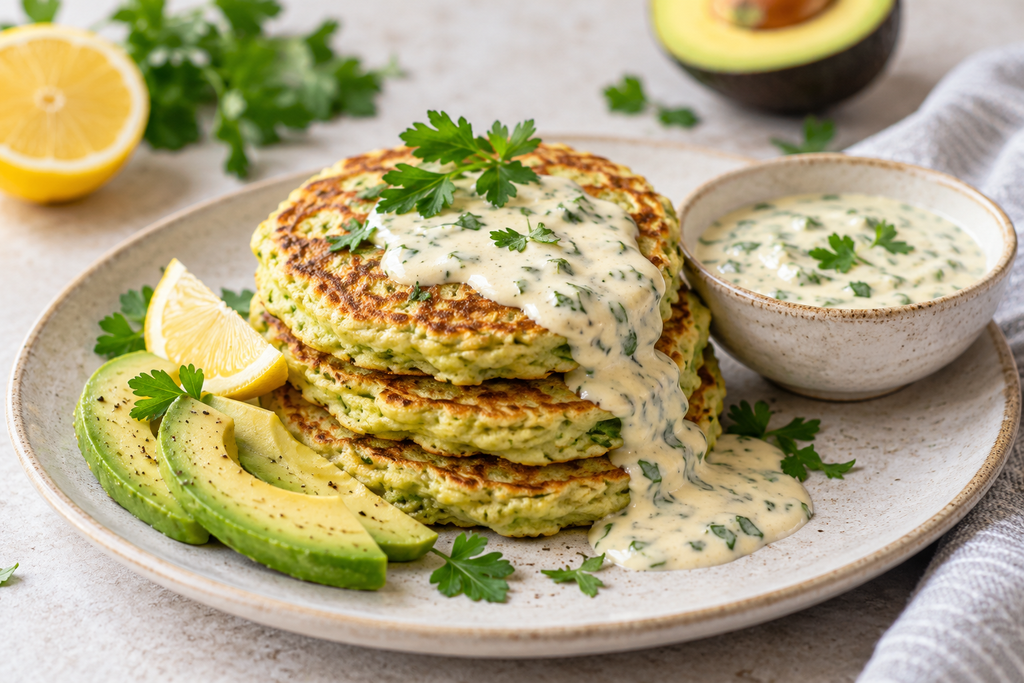 Avocado Pancakes With Lemon Coconut Parsley Sauce