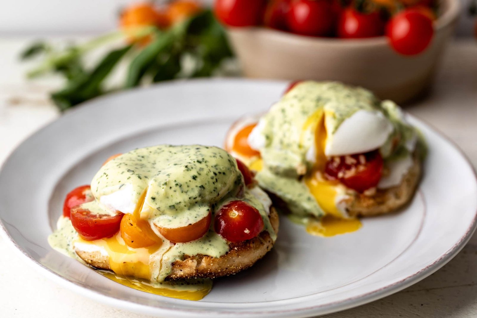 Caprese Eggs Benedict with Basil Hollandaise