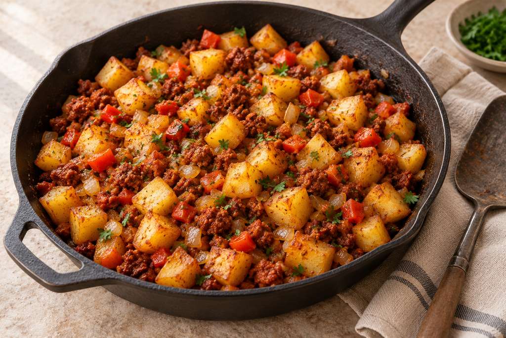 Chorizo and potato breakfast hash with golden potato cubes, crumbled chorizo, red pepper and onion in a skillet.