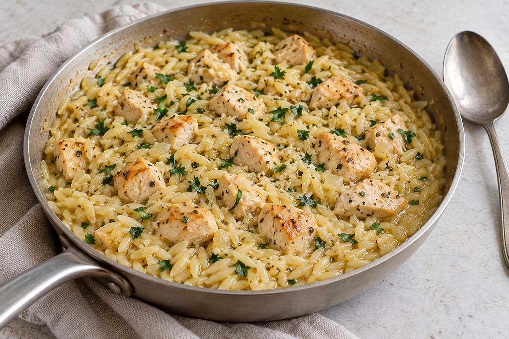 One-pot lemon chicken risoni with bite-sized chicken pieces, Parmesan and parsley in a sauté pan.