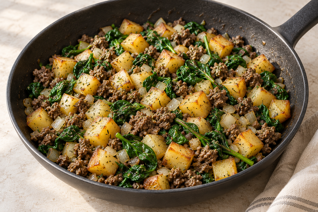Ground beef, potato and spinach breakfast skillet with lightly browned potato cubes.