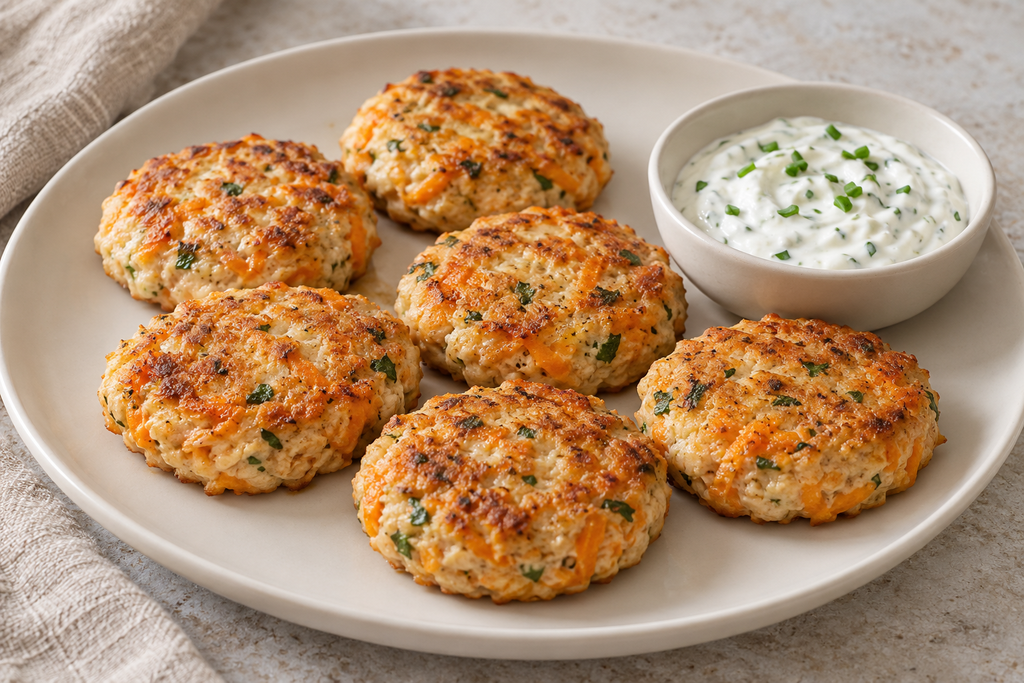 Chicken and sweet potato breakfast patties served with a lemon and chive yogurt dip.