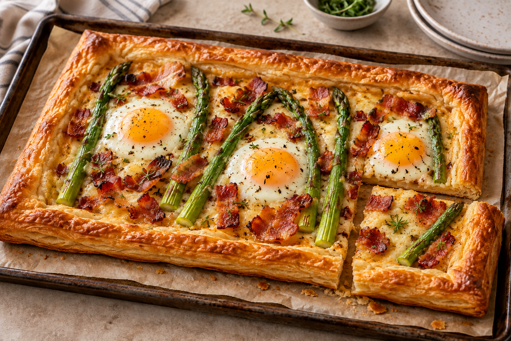 Bacon. Egg and Asparagus Puff Pastry Breakfast Pizza.