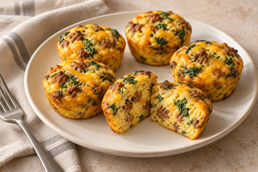 Chorizo, spinach and cheddar egg muffins on a ceramic plate, with one cut open to show the filling.