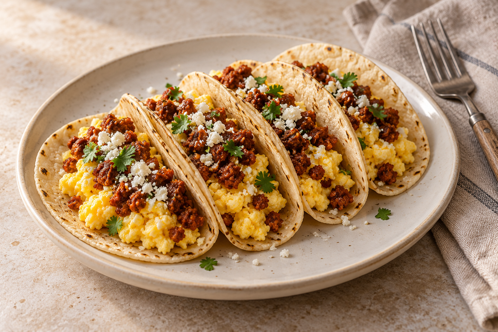 Chorizo and egg breakfast tacos in soft corn tortillas, topped with crumbled cheese and fresh coriander.
