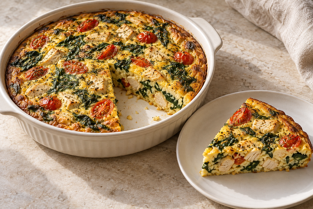 Chicken, spinach and cherry tomato frittata in a cream baking dish, with a slice served alongside.