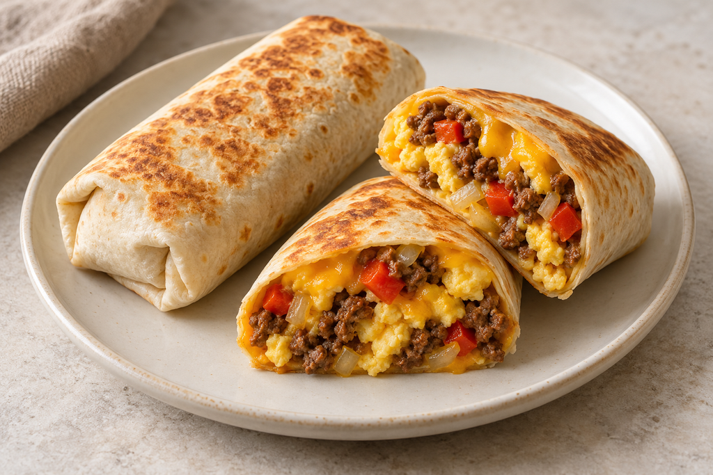 Toasted ground beef and egg breakfast burritos with red pepper, onion and melted cheddar.