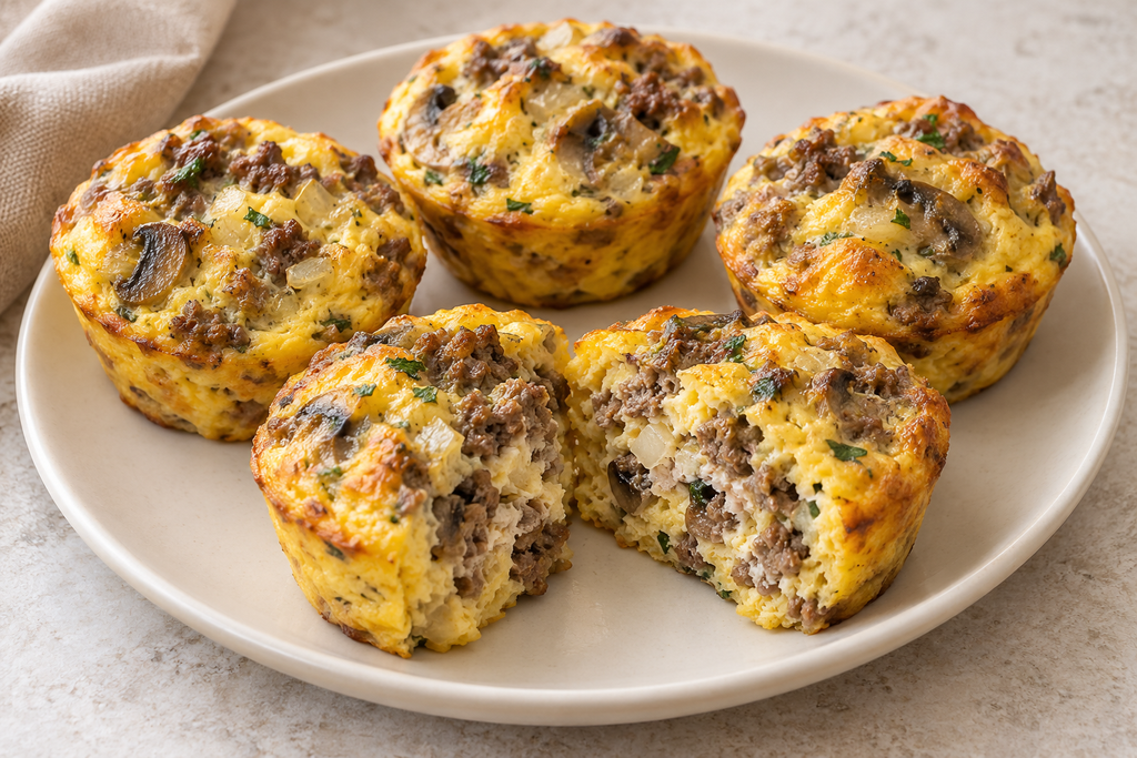 Beef and mushroom breakfast egg muffins on a cream plate, with one split open to show the filling.