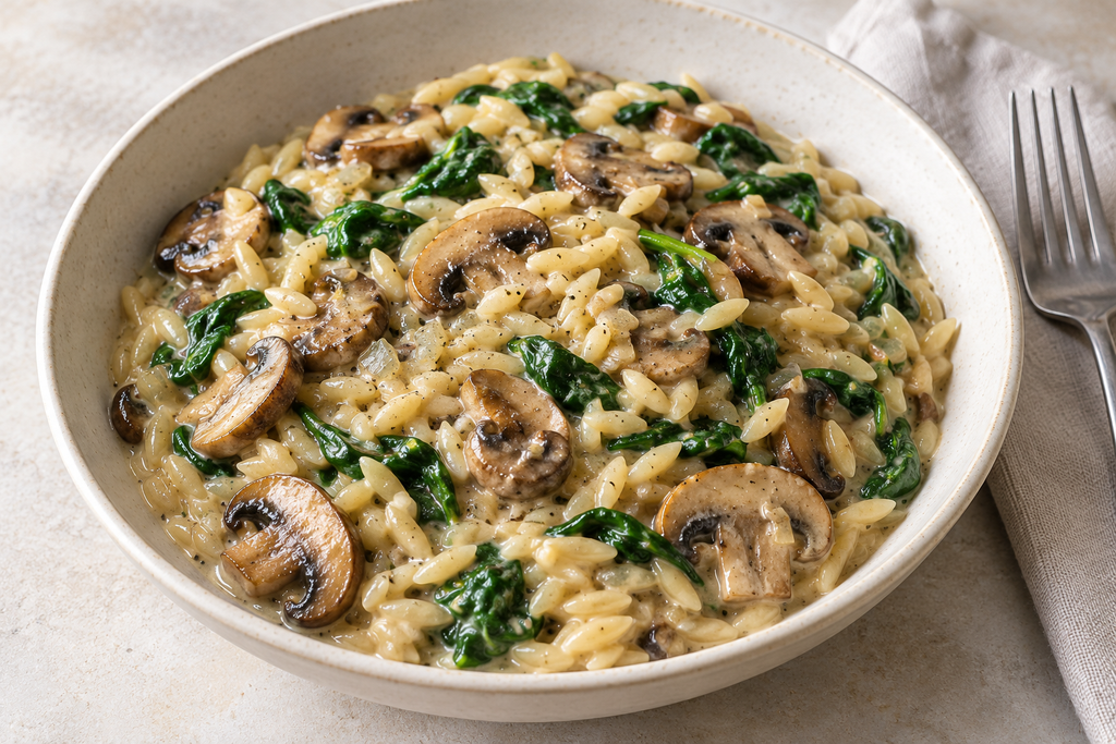 Creamy mushroom and spinach risoni with browned mushroom slices in a ceramic bowl.