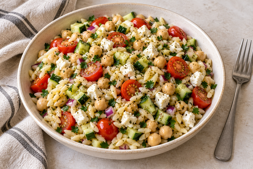 Mediterranean risoni salad with chickpeas, cucumber, cherry tomatoes, feta and parsley in a ceramic bowl.