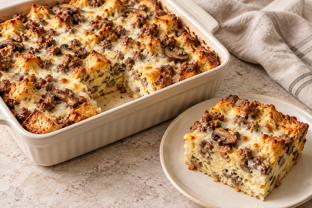 Italian sausage and mushroom breakfast strata with melted mozzarella, served in a cream baking dish with a portion alongside.