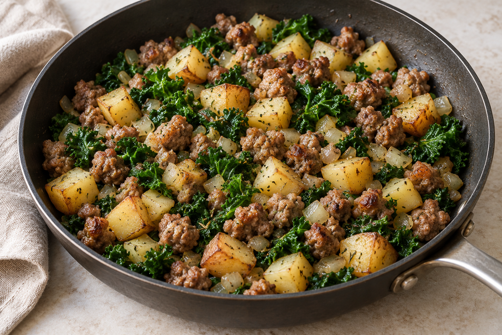 Italian sausage, potato and kale breakfast hash with browned sausage crumbles and golden potato cubes.