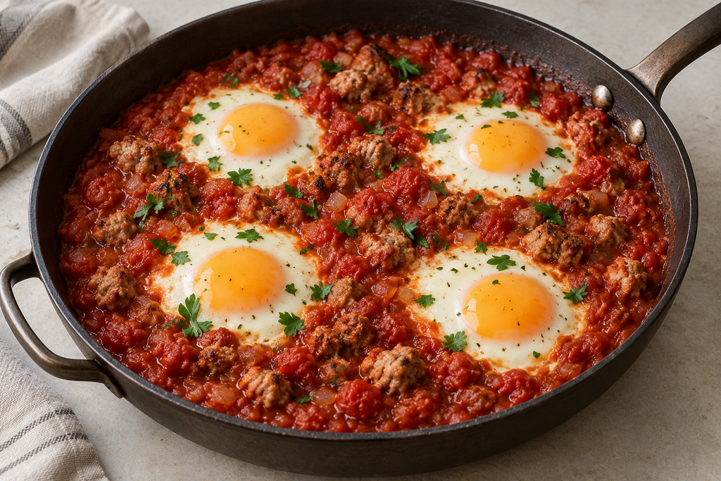 Four eggs nestled in tomato sauce with Italian sausage crumbles and chopped parsley.