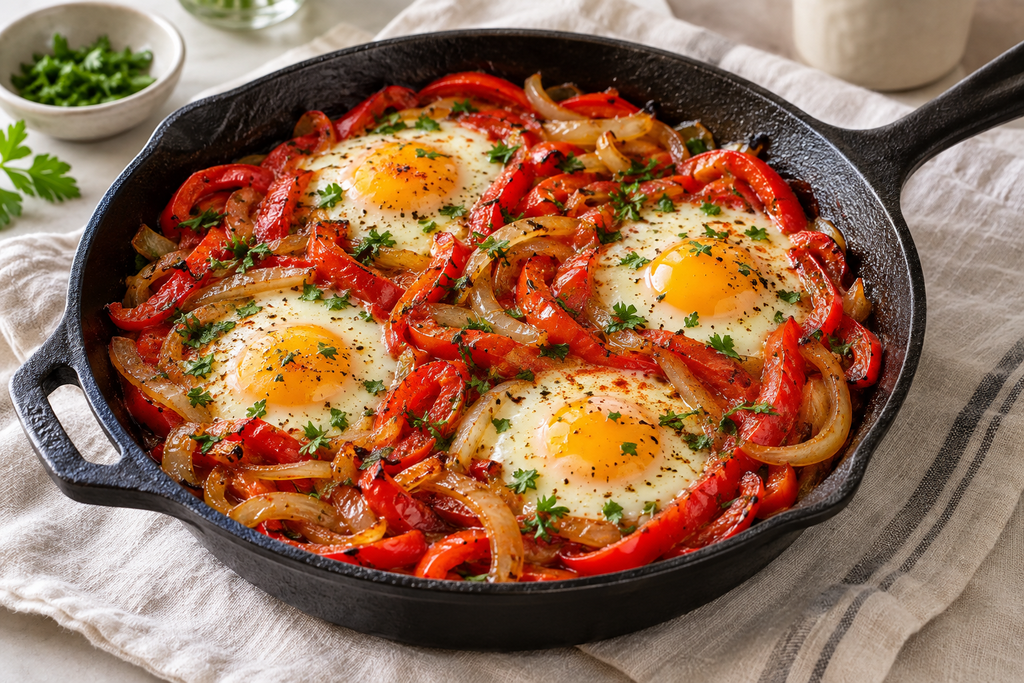 Baked Eggs Skillet With Red Peppers and Onions