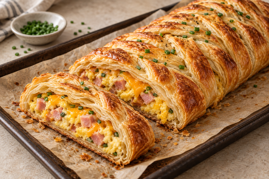 Ham. Egg and Cheddar Puff Pastry Braid