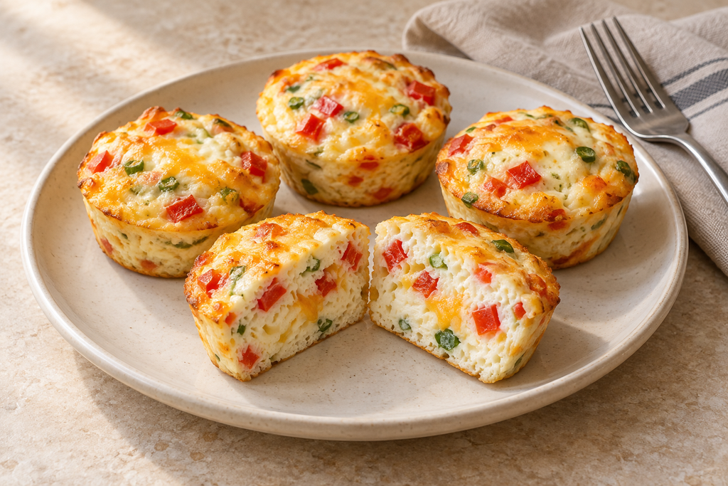 ## 3. Pepper and Cheddar Egg White Muffins

These small egg white bakes combine softened red pepper, spring onion and cheddar. They are savoury, crustless egg muffins rather than bread-style muffins, with a pale interior and lightly golden edges.

Cooking the pepper before filling the tin helps remove excess moisture. The cheddar adds flavour, while a moderate oven temperature gives you more control over the texture.

**Makes:** 6 standard egg white muffins  
**Servings:** 3, allowing 2 muffins per person  
**Preparation time:** approximately 15 minutes  
**Baking time:** approximately 18–23 minutes  
**Equipment:** a standard muffin tin with cavities approximately 100 ml each, a frying pan and a food thermometer

### Ingredients

- **300 g egg whites**, freshly separated or plain liquid egg whites from a carton
- **1 medium red bell pepper**, approximately 150 g after removing the stalk and seeds, finely diced
- **2 spring onions**, approximately 30 g, thinly sliced
- **60 g cheddar**, grated
- **1 teaspoon olive oil**, plus a little extra for greasing
- **⅛ teaspoon ground black pepper**
- A small pinch of salt, optional

There is no need to add milk. The vegetables already contribute moisture, and extra liquid can make the muffins harder to remove neatly.

### Instructions

**1. Heat the oven and prepare the tin.**  
Preheat the oven to **180°C conventional / 160°C fan / 350°F / Gas 4**.

Thoroughly grease six standard muffin cavities, including the sides. Alternatively, use oven-safe silicone liners according to their instructions. Ordinary paper cases may stick to the eggs.

**2. Soften the pepper.**  
Heat the olive oil in a frying pan over a medium-low heat. Add the diced pepper and cook for **5–7 minutes**, stirring regularly, until softened.

Add the spring onions and cook for another **1 minute**. If liquid remains in the pan, allow it to evaporate before removing from the heat.

Transfer the vegetables to a plate and let them cool slightly while you prepare the egg whites.

**3. Combine the filling.**  
Lightly beat the egg whites with a fork until evenly mixed. Avoid whipping them into a foam.

Stir in the grated cheddar, pepper and optional salt, then add the cooked vegetables. Remember that the cheese already contributes saltiness.

**4. Fill the muffin cavities.**  
Divide the mixture evenly between the prepared cavities, stirring between spoonfuls so the vegetables and cheese do not settle at the bottom of the bowl.

Fill each cavity no more than **three-quarters full**. If your muffin tin is smaller, use additional greased cavities rather than overfilling.

**5. Bake until set.**  
Bake on the middle shelf for approximately **18–23 minutes**. Begin checking towards the earlier end of the range.

The centres should be set, with no visible liquid egg. Check that they reach **71°C / 160°F**, inserting a food thermometer into the centre of a muffin without touching the tin. Check more than one, as ovens can heat unevenly.

The tops may remain fairly pale. Do not keep baking solely to make them brown.

**6. Rest briefly and remove.**  
Leave the muffins in the tin for **5 minutes**, then loosen the edges with a silicone spatula or another utensil suitable for your tin.

Lift out carefully and serve warm. Some settling as they cool is normal.

### Tips for Better Results

**Dice the pepper finely.** Small pieces distribute evenly and make the muffins easier to portion.

**Grease the sides as well as the bases.** Egg whites can cling firmly to an inadequately greased tin.

**Avoid overbaking.** Once the centres reach the required temperature, remove the tin. Prolonged cooking can make the muffins rubbery and cause them to release liquid.

**Expect a different texture from whole-egg muffins.** These will be paler and a little firmer, with richness coming mainly from the cheddar.

### Storing and Reheating

Refrigerate leftovers in a shallow, covered container within **2 hours**, or within **1 hour** if the surrounding temperature exceeds **32°C / 90°F**. Keep at **4°C / 40°F or below** and use within **3–4 days**.

Reheat only the portion you need. Microwave in short intervals, turning or rearranging the muffins between intervals, until the centres reach **74°C / 165°F**. They may become slightly firmer after reheating.

For further information, see the [safe minimum cooking temperature chart](https://www.foodsafety.gov/food-safety-charts/safe-minimum-internal-temperatures) and the [USDA’s guidance on leftovers](https://www.fsis.usda.gov/food-safety/safe-food-handling-and-preparation/food-safety-basics/leftovers-and-food-safety).

*Recipe development note: This recipe was developed with AI assistance and has not been independently kitchen-tested for this article. Cooking times and yield are estimates.*