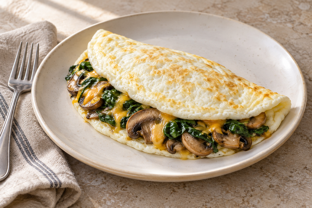 Egg white omelette filled with sautéed mushrooms, spinach and melted cheddar on a ceramic plate.