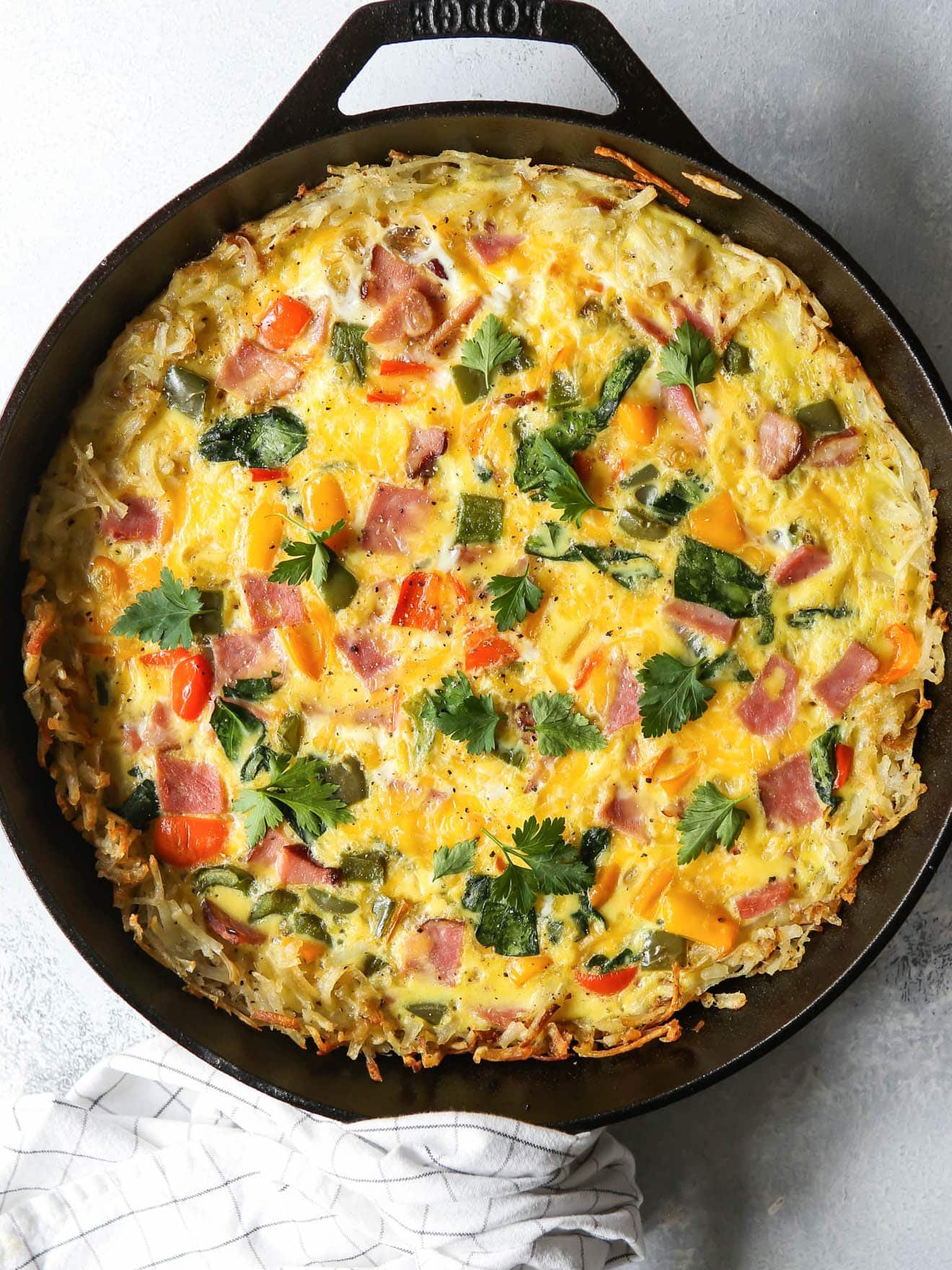 Hash Brown Frittata with Ham, Peppers and Spinach
